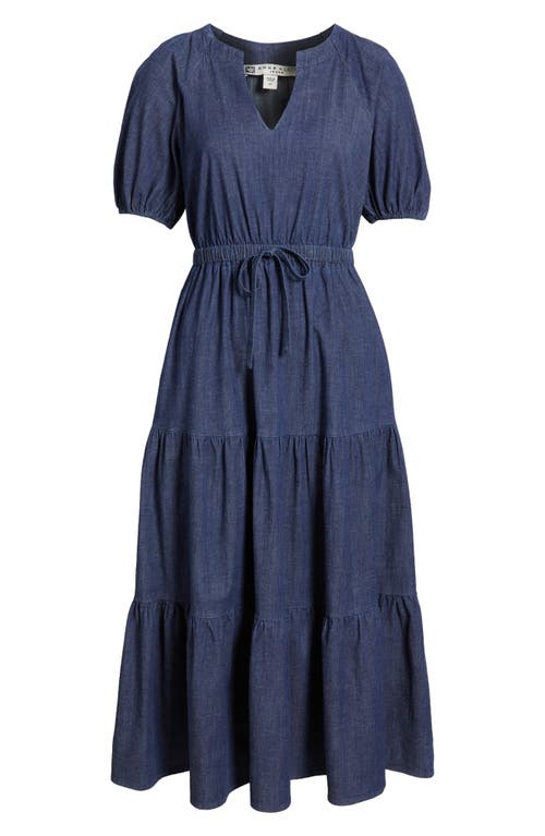 Anne Klein Petite Puff-sleeve Tiered Denim Midi Dress In Blue