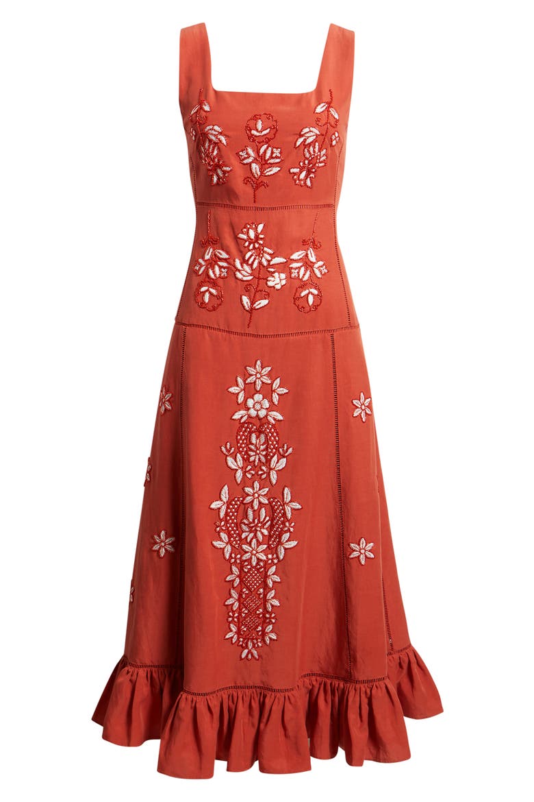 The Lainey Embroidered Sleeveless Maxi Dress, Alternate, color, MOROCCAN RED/ SKY WHITE