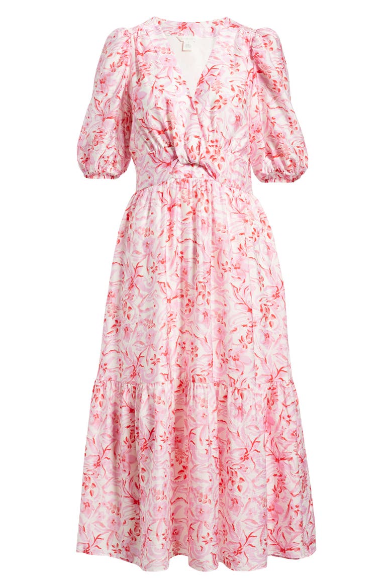 Twist Detail Allover Print Midi Dress, Alternate, color, IVORY/ PINK DAISY GARDEN