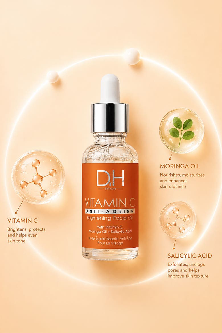 Vitamin C Brightening Oil Facial Oil 30ml for Acne & Blemishes, Large Pores, Alternate, color, White