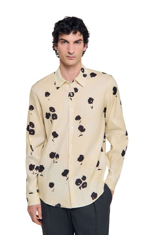 Sandro Mens Off White Floral-print Pointed-collar Linen Blend Shirt In Gold
