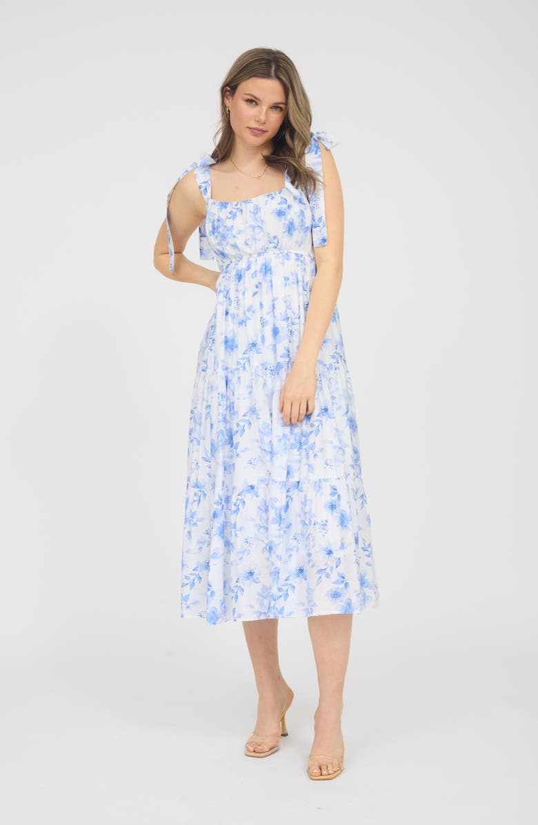 AUGUST SKY Shoulder Tie Floral Midi Dress, Alternate, color, Blue Multi