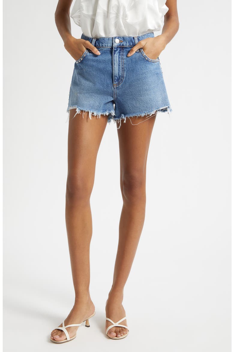 Bria Studded Denim Cutoff Shorts, Main, color, FADED BLUE WASH