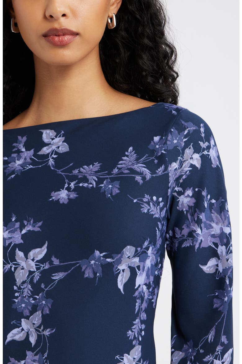Print Long Sleeve Drape Back Dress, Alternate, color, NAVY-BLUE GARDEN TRAILS
