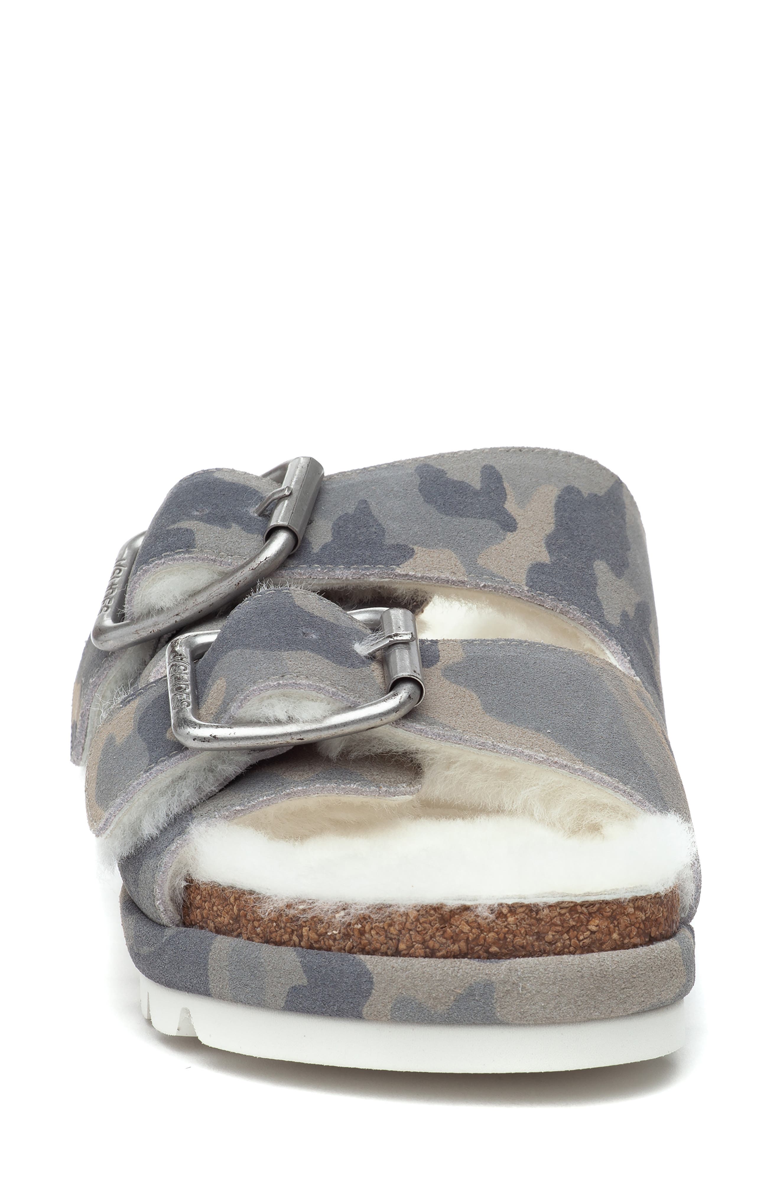 Lynx Genuine Shearling Double Buckle Sandal, Alternate, color, OFF WHITE CAMO SUEDE