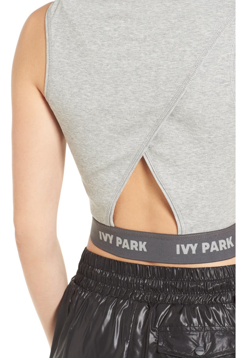 Ivy Park Cross Back Hooded Crop Top, Alternate, color, GREY MARL