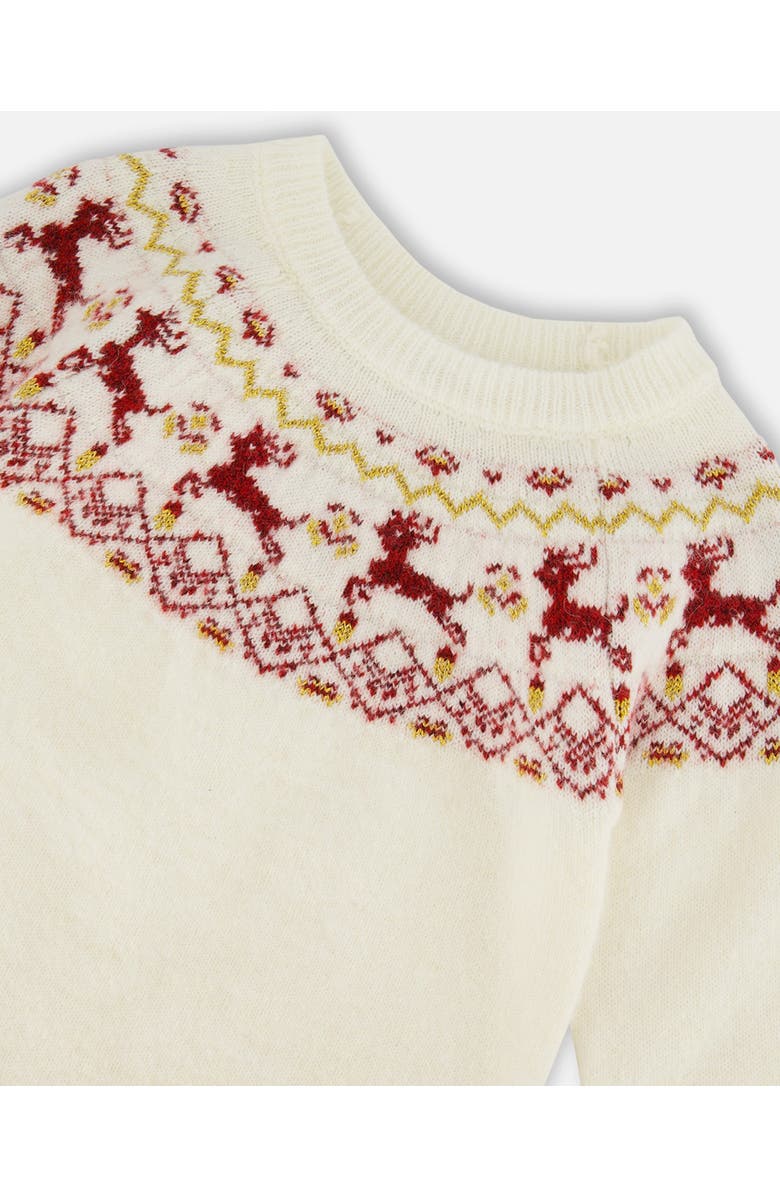 Deux par Deux Little Girl's Sweater With Christmas Intarsia Off White And Red, Alternate, color, Off White