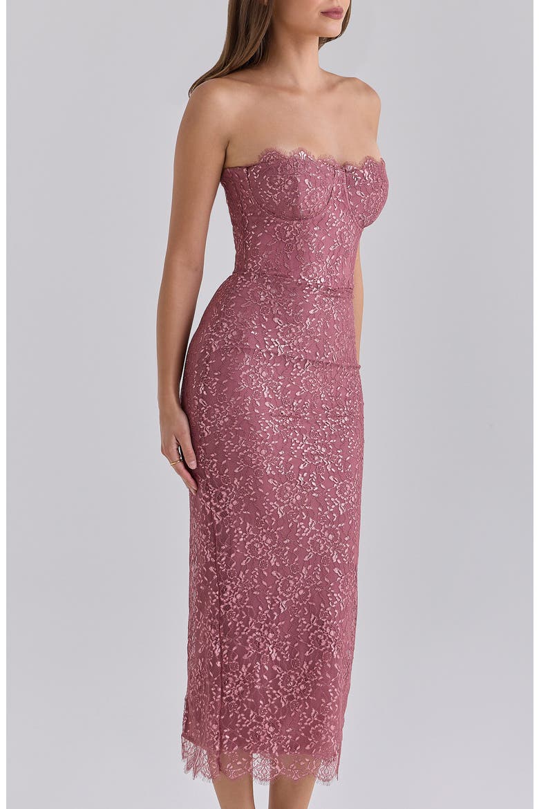 Alexia Metallic Lace Strapless Midi Dress, Alternate, color, ROSE PINK