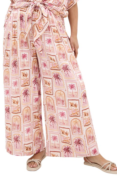 Postcard Print Wide Leg Pants (Plus)