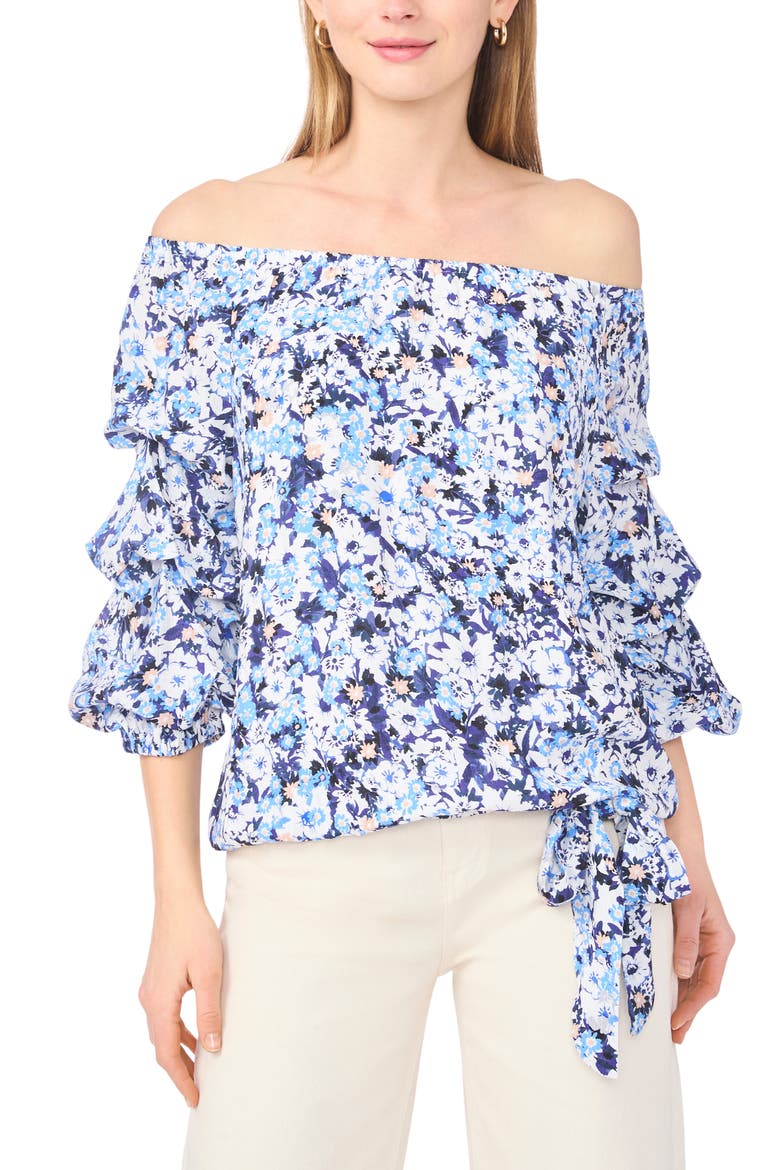 Floral Off the Shoulder Bubble Sleeve Top, Main, color, 462 BLUE SHADOW