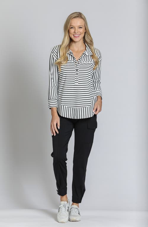 Apny Stripe Grommet Cotton Henley In Black/white Stripe