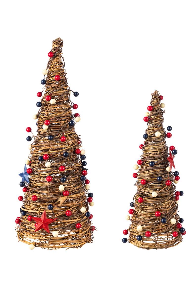Glitzhome Set of 2 Patriotic Americana Rattan Stars & Berry Cone Table Tree, Alternate, color, Blue