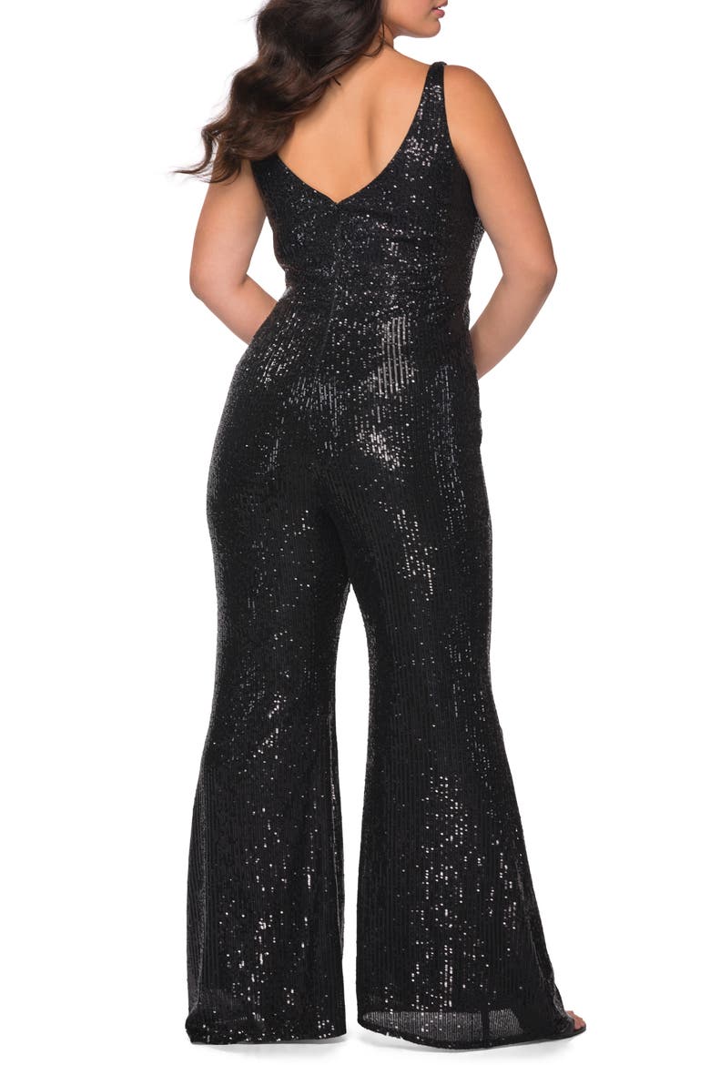 Sequin Plus SIze Jumpsuit with Plunging Neckline, Alternate, color, BLACK