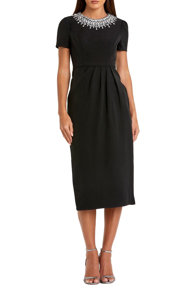 Petite Short Sleeve Rhinestone Neckline Midi Dress, Main, color, Black
