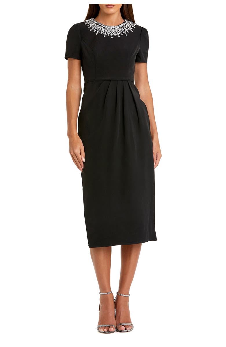 Mac Duggal Petite Short Sleeve Rhinestone Neckline Midi Dress, Main, color, Black
