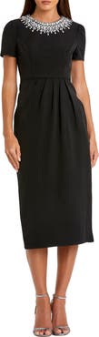 Mac Duggal Petite Short Sleeve Rhinestone Neckline Midi Dress