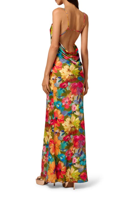Liv Foster Yara Backless Floral-print Satin Gown In Lime Multi