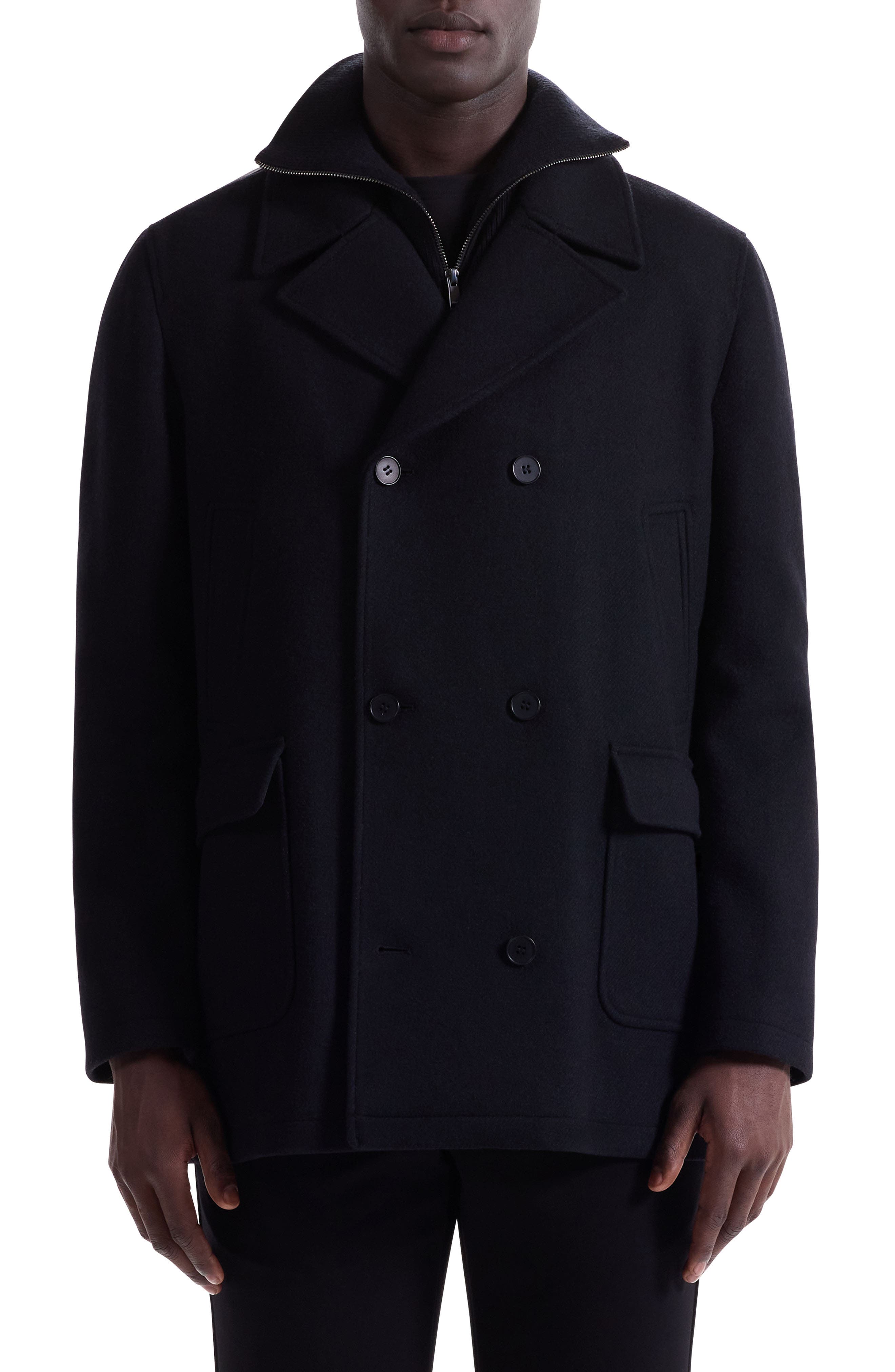 Bugatchi Leather Trim Wool Blend Tweed Peacoat