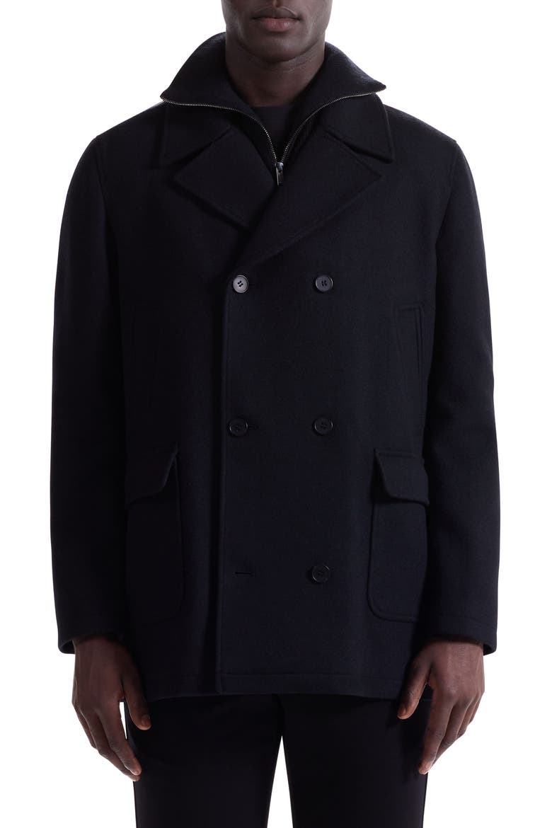 Leather Trim Wool Blend Tweed Peacoat, Main, color, BLACK