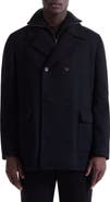 Bugatchi Leather Trim Wool Blend Tweed Peacoat