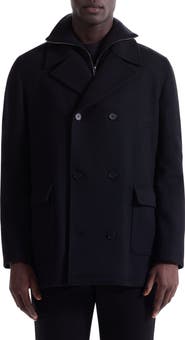 Bugatchi Leather Trim Wool Blend Tweed Peacoat