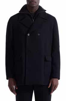 Bugatchi Leather Trim Wool Blend Tweed Peacoat
