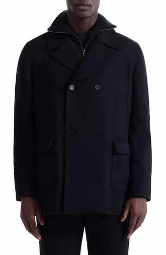 Bugatchi Leather Trim Wool Blend Tweed Peacoat