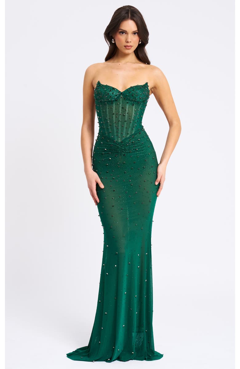 Miss Circle Fatima Burgundy Crystal Sleeveless Corset Mermaid Maxi Dress, Main, color, Green