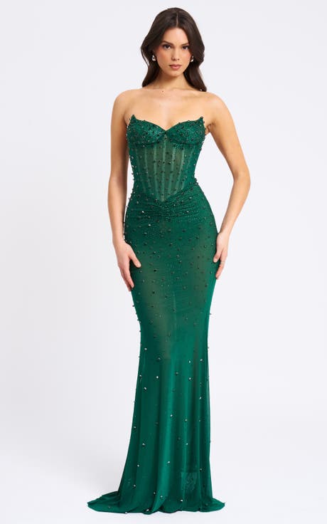 Fatima Burgundy Crystal Sleeveless Corset Mermaid Maxi Dress