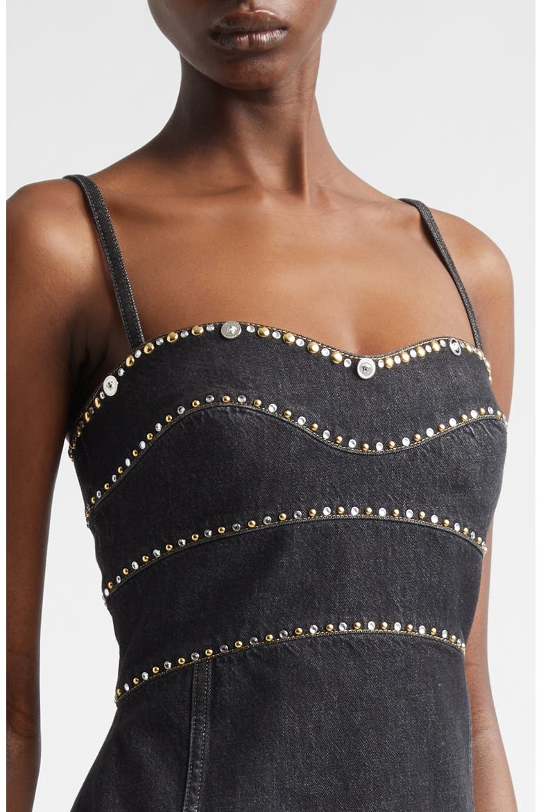 Studded Fitted Denim Dress, Alternate, color, BLACK
