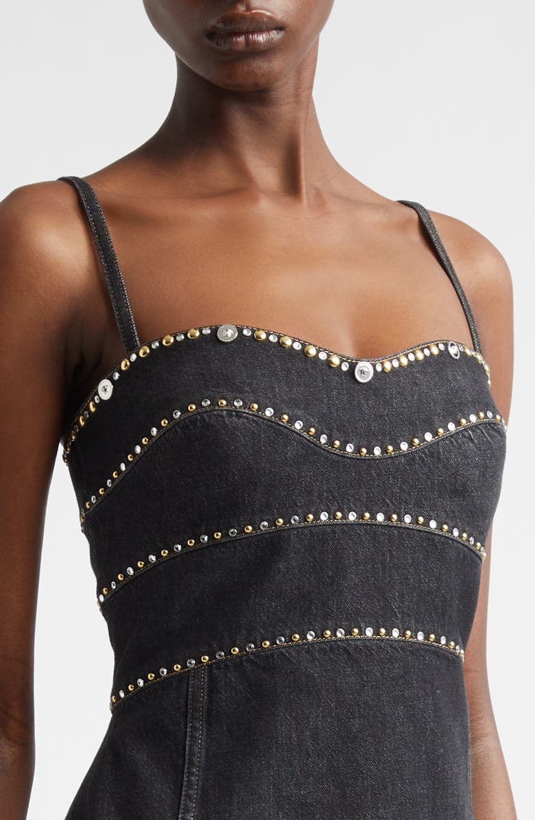 Versace Studded Fitted Denim Dress, Alternate, color, Black