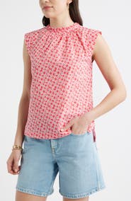 Caslon® Floral Print Ruffle Trim Cotton Top