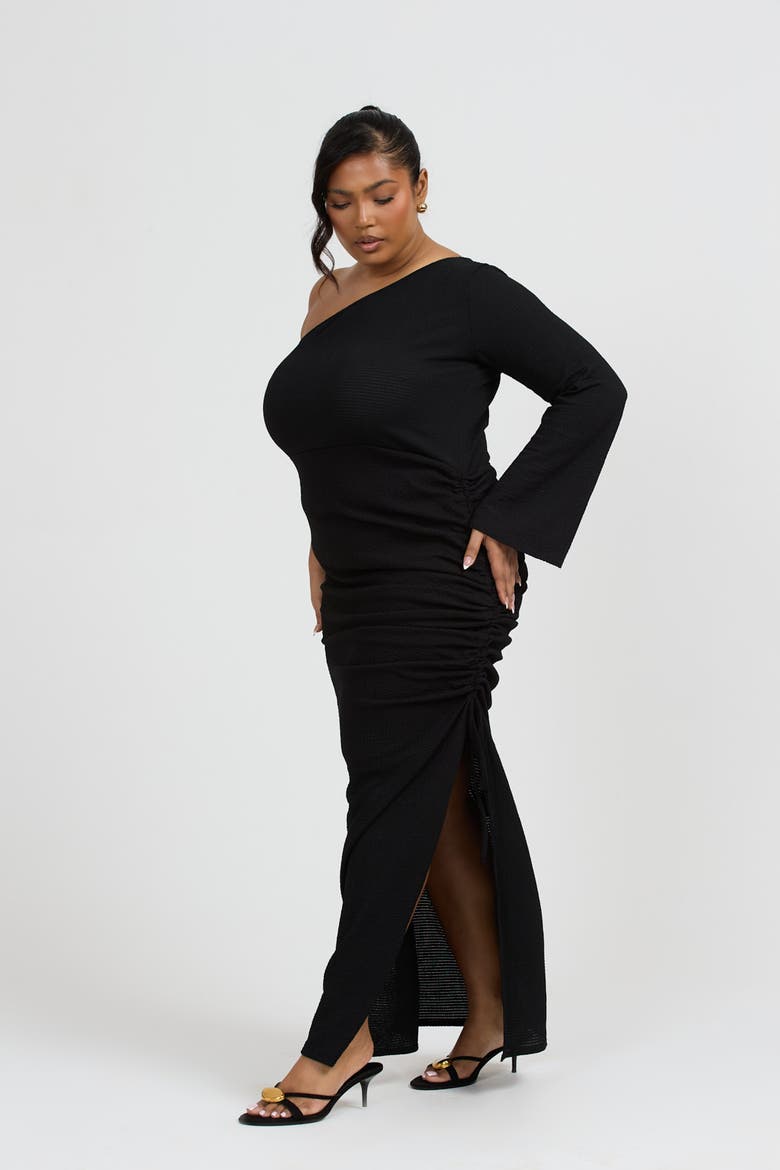 One Shoulder Flare Sleeve Maxi Dress, Alternate, color, Black