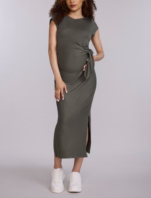 Crew Neck Short Sleeve Side Tie Maternity Midi Dress