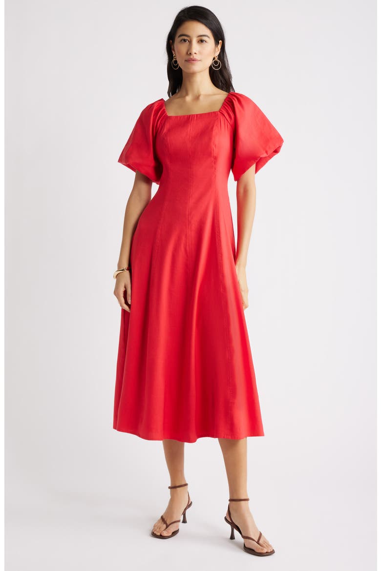 Seam Detail Linen Blend Midi Dress, Main, color, RED SAUCY