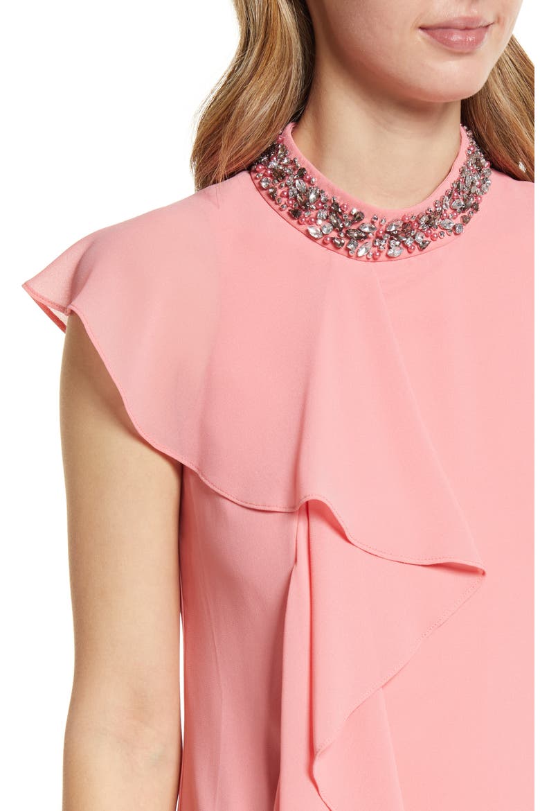 Beaded Ruffle Sleeveless Dress, Alternate, color, GUAVA
