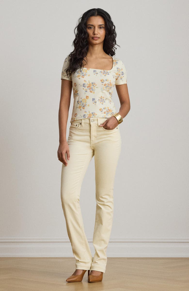 Lauren Ralph Lauren Floral Square Neck Stretch Cotton Jersey Top, Alternate, color, Cream/ Multi