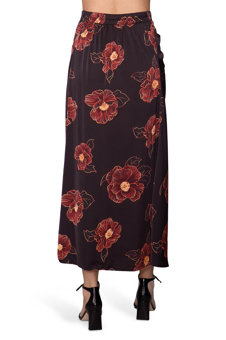 Floral Satin Ruched Midi Skirt, Alternate, color, BLACK FIERY ORANGE FLORAL