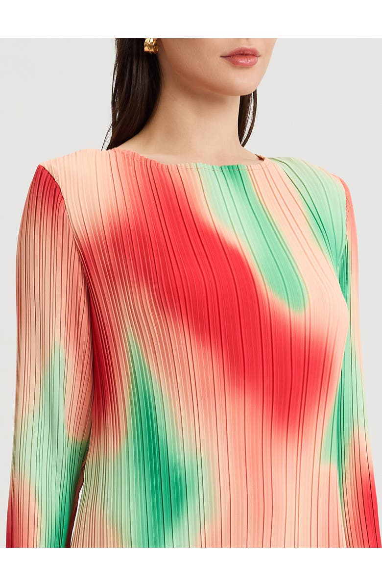 Misook Micro Pleated Print Crepe Midi Dress, Alternate, color, Cherry Ember/Peach/Green