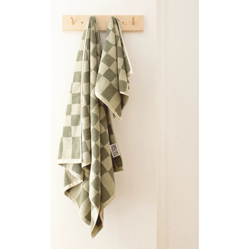 Bathing Culture Bathhouse Check Organic Towel In Sage