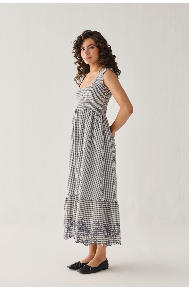 Reistor Smocked Maxi Dress in Checks, Alternate, color, Charcoal Check