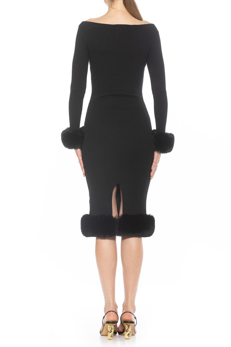 Selena Faux Fur Trim Body-Con Sweater Dress, Alternate, color, BLACK