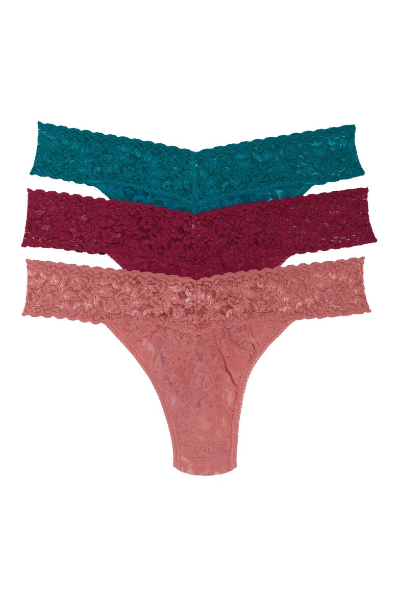3-Pack Original Rise Lace Thongs (Nordstrom Exclusive), Main, color, PINK SANDS/ DARK RED/ GREEN