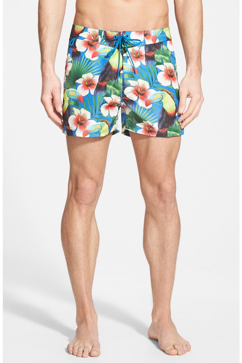 Tropical Print Low Rise Swim Trunks, Main, color, OCEAN