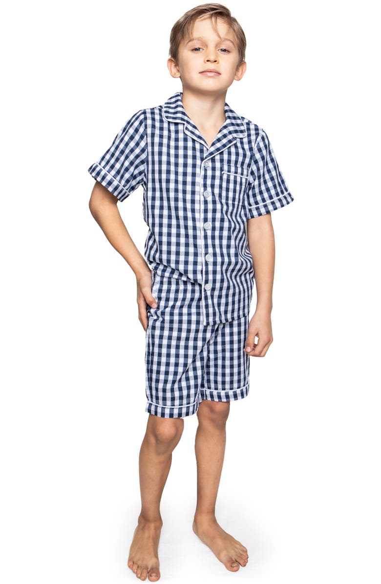 Petite Plume Kids' Gingham 2-Piece Short Pajamas, Alternate, color, Navy