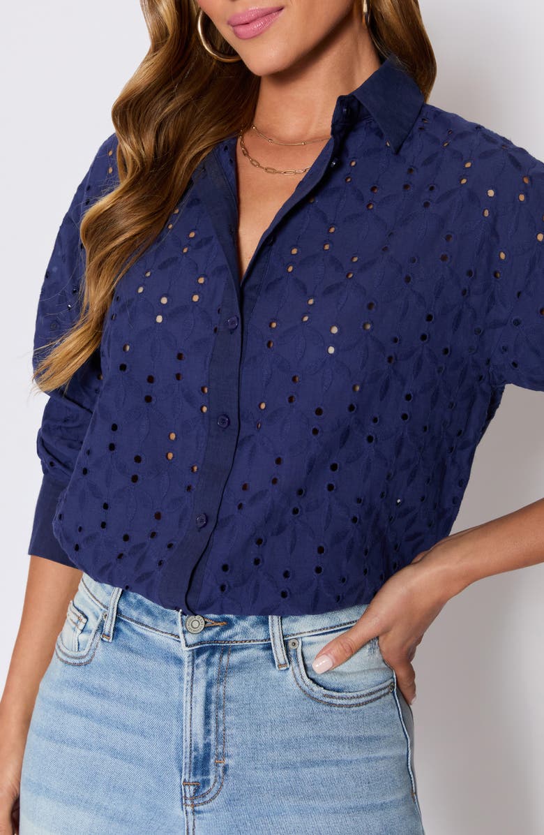 VICI Collection Garden Stroll Floral Eyelet Button-Up Shirt, Alternate, color, Navy