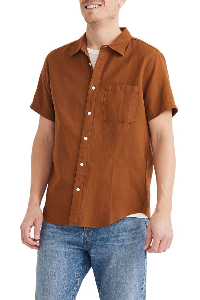 Perfect Textured Short Sleeve Button-Up Shirt, Main, color, DRIED CEDAR