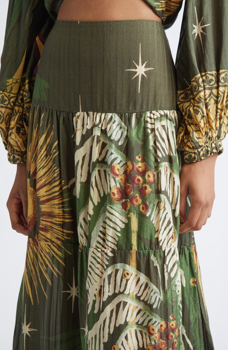 Johanna Ortiz Relatos de mi Tierra Print Silk & Cotton Dobby Tiered Skirt, Alternate, color, Green / Yellow