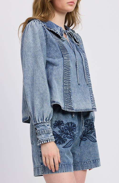 Jacquie The Label Elodie Split Neck Denim Top In Blue