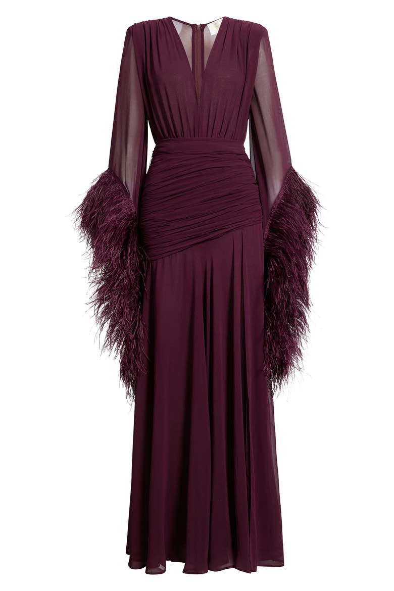 Feather Detail Long Sleeve Ruched Gown, Alternate, color, BURGUNDY